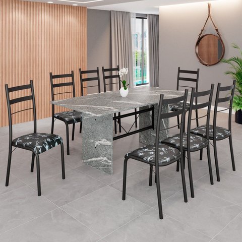 Conjunto Sala de Jantar Mesa Retangular 180x75cm Tampo Granito Topázio 8 Cadeiras Marselha Preto/Floral/Fosco