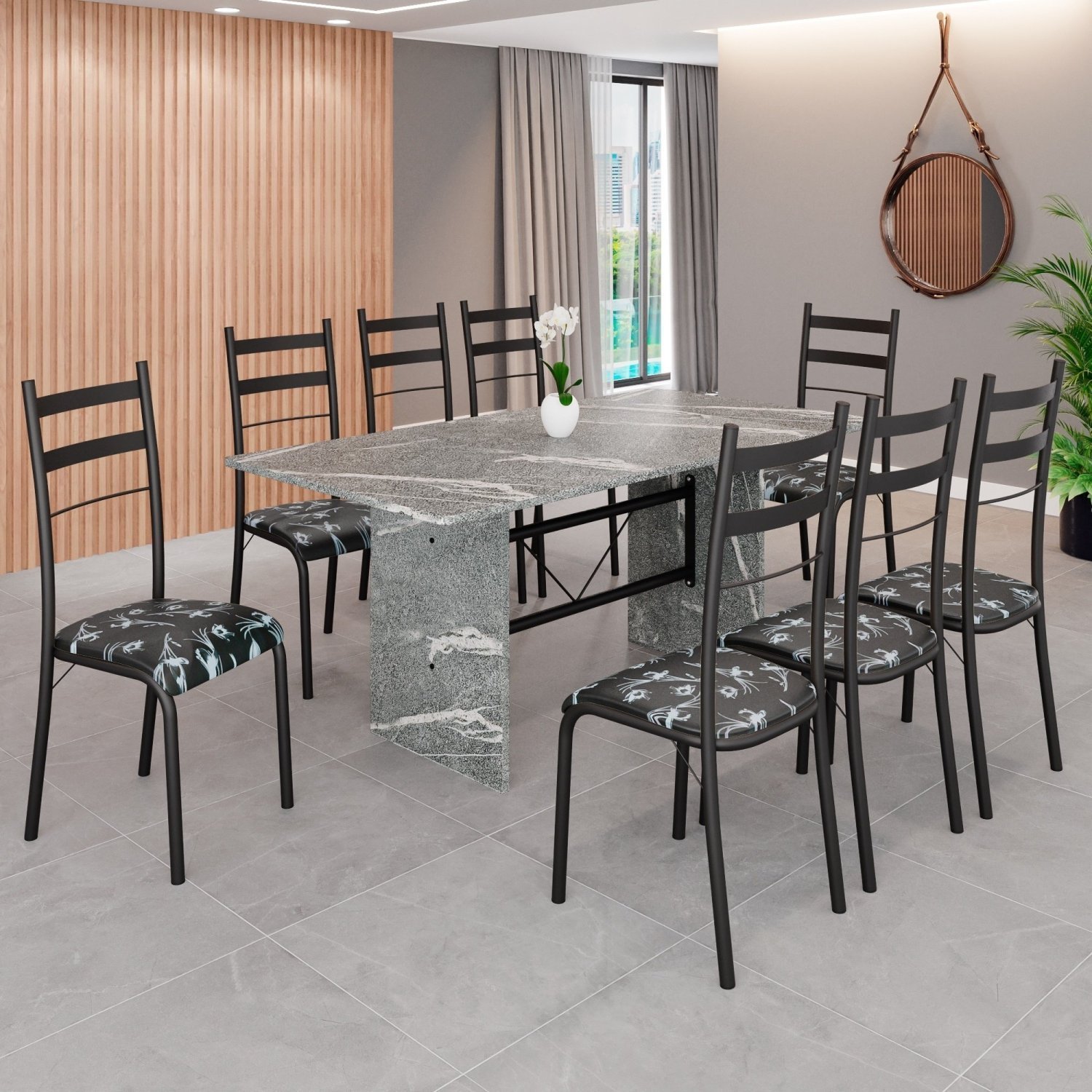 Conjunto Sala de Jantar Mesa Retangular 180x75cm Tampo Granito Topázio 8 Cadeiras Marselha - 1