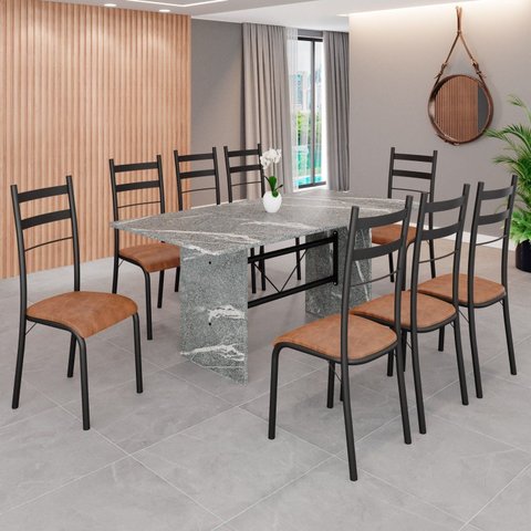 Conjunto Sala de Jantar Mesa Retangular 180x75cm Tampo Granito Topázio 8 Cadeiras Marselha Preto/C. Marrom/Fosco