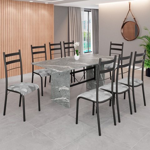 Conjunto Sala de Jantar Mesa Retangular 180x75cm Tampo Granito Topázio 8 Cadeiras Marselha Preto/Paraopeba/Fosco