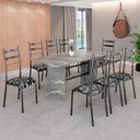 Ver imagem 1 de Conjunto Sala de Jantar Mesa Retangular 180x75cm Tampo Granito Topázio 8 Cadeiras Marselha Preto/Floral/Mart Prata