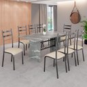Ver imagem 1 de Conjunto Sala de Jantar Mesa Retangular 180x75cm Tampo Granito Topázio 8 Cadeiras Marselha Prata/Creme/Mart