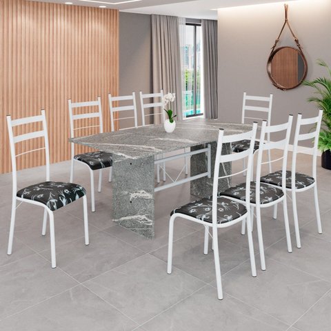 Conjunto Sala de Jantar Mesa Retangular 180x75cm Tampo Granito Topázio 8 Cadeiras Marselha Branco/Preto Floral
