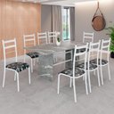 Ver imagem 1 de Conjunto Sala de Jantar Mesa Retangular 180x75cm Tampo Granito Topázio 8 Cadeiras Marselha Branco/Preto Floral