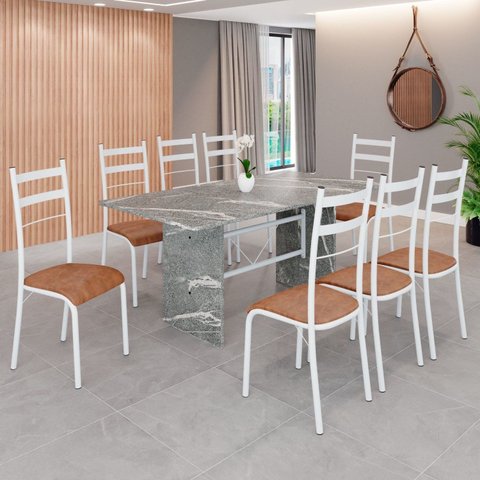 Conjunto Sala de Jantar Mesa Retangular 180x75cm Tampo Granito Topázio 8 Cadeiras Marselha Branco/C. Marrom