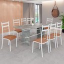 Ver imagem 1 de Conjunto Sala de Jantar Mesa Retangular 180x75cm Tampo Granito Topázio 8 Cadeiras Marselha Branco/C. Marrom