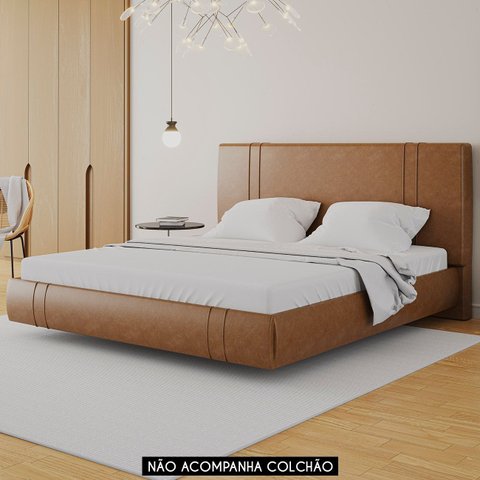 Cama King Flutuante com Cabeceira 195cm Lyra Sintético Camel S05 - Mpozenato