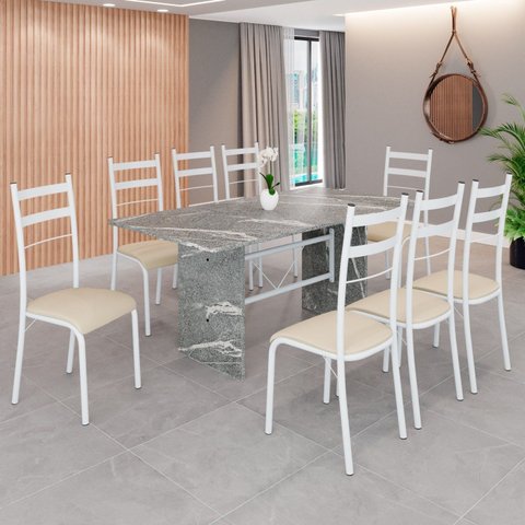 Conjunto Sala de Jantar Mesa Retangular 180x75cm Tampo Granito Topázio 8 Cadeiras Marselha Branco/Creme