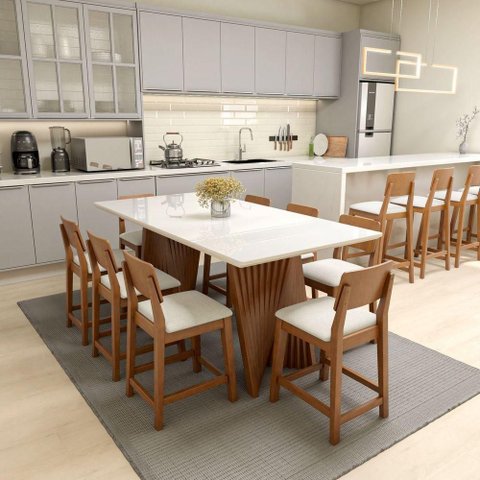 Conjunto de Jantar Gus 8 Lugares Tampo em MDF com Cadeiras Lyon Amêndoa Assento Linho Bege 180cm