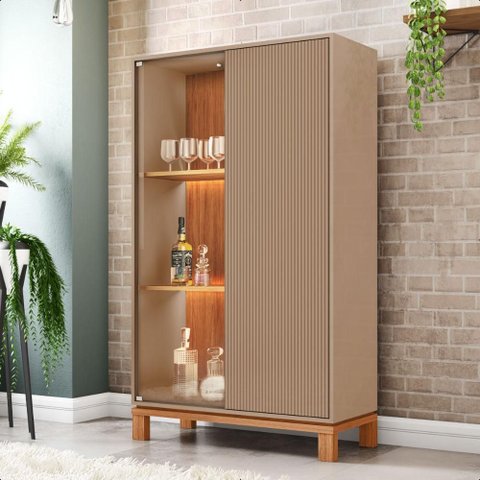 Cristaleira 2 Portas com Led Interno Jace Cinza Caemmun