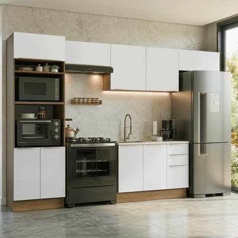 Armário de Cozinha Completa 350 x 60 cm Rustic/Branco Veludo Lux Madesa 02