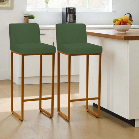 Kit 2 Banquetas Andy Moderna Ferro Dourado Estofado Suede Verde