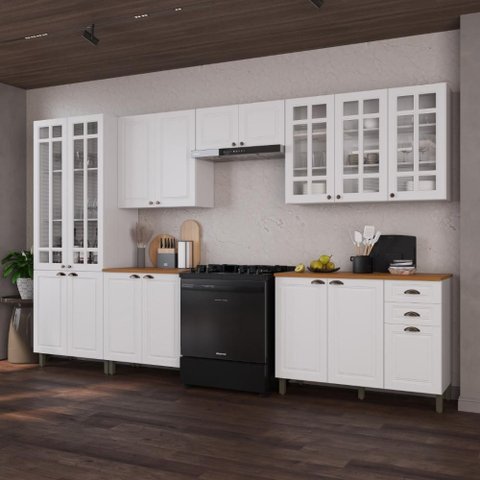 Armário de Cozinha Modulada Completa Fidelitá Nara 100% MDF 6 Peças 360cm 16 Portas 2 Gavetas com