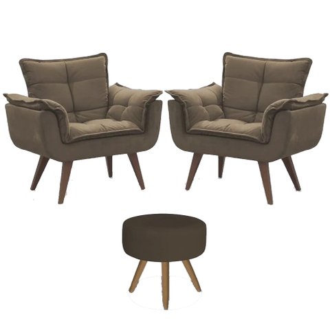Conjunto 2 Poltronas Decorativas Opala e 1 Puff Redondo Pés Palito Suede Cappuccino UlissesDecor