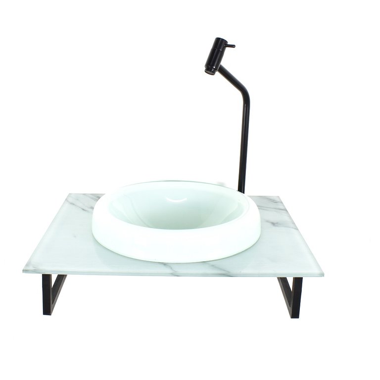 GABINETE COM CUBA DE VIDRO CHAPEU 10MM BRANCA COM TAMPO 50CM MARMORE BRANCO MAIS TORNEIRA PRETA