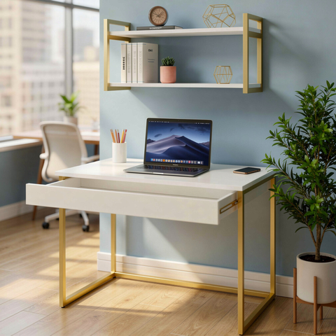 Kit Home Office Escrivaninha Industrial com Gaveta e Prateleira 100% Mdf Premium e Aço