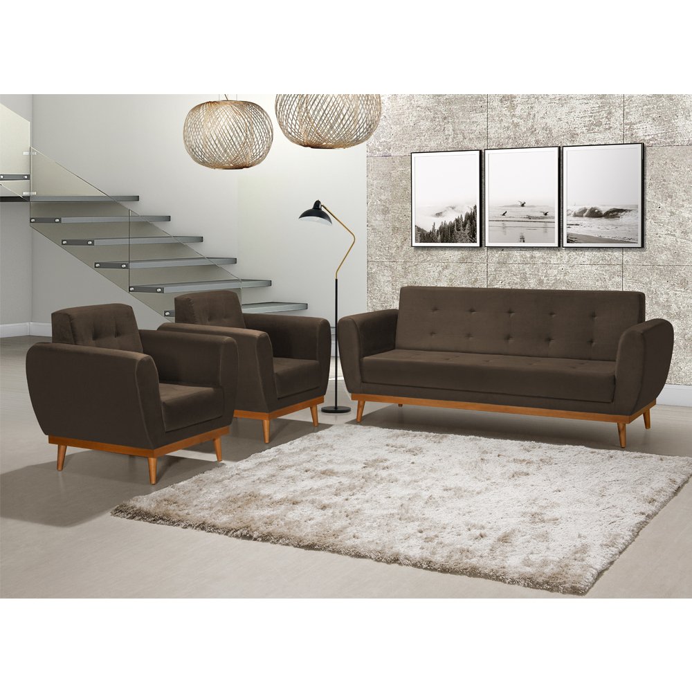 Conjunto Sofá 3 Lugares Living Fixo com 2 Poltronas Onix 2,10m - Suede ...