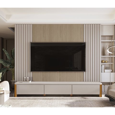 Rack Monaco com Painel Sierra para TV até 84 Polegadas 3 Gavetas Ripado MDF/MDP Pés em Madeira
