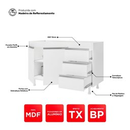 Cozinha Planejada Lux 3 Peças 100%mdf Balcão Gabinete sem Tampo 119cm 3 Gavetas Branco - Desk - 9 Cozinha Planejada Lux 3 Peças 100%mdf Balcão Gabinete sem Tampo 119cm 3 Gavetas Branco - Desk - 9