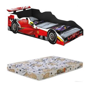 Cama Carro Infantil + Colchão Formula 1 Vermelho 100% MDF J&A Móveis