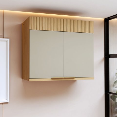 Armário Aéreo 2 Porta 80cm 100% MDF Realeza Premium Bege/Carvalho/Greige