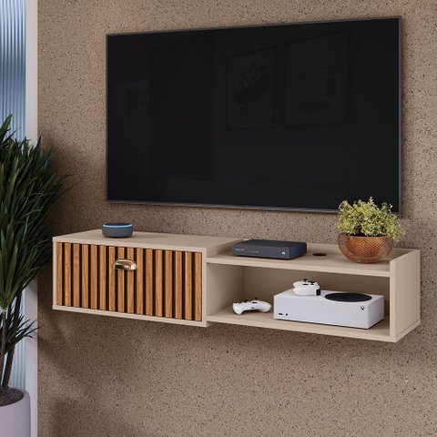 Rack Home Suspenso 1.20 Estante Tv 42" Bancada Flutuante 1 Porta Nicho Decoração Sala Quarto Retrô
