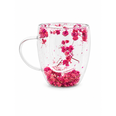 Caneca de Vidro com Flores 350ml Dupla Parede Colorida Decorativa Elegante para Design Moderno e Del