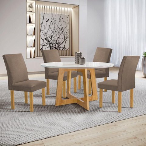 Conjunto Sala de Jantar Arizona 4 Lugares Tampo em Vidro com Cadeiras Veludo Bege 120cm Cel Móveis