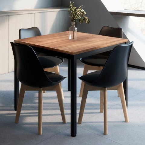 Mesa Cozinha e Refeitório 90cm x 90cm Pés Metal com 4 Cadeiras Siena Pés Madeira Casa Lar