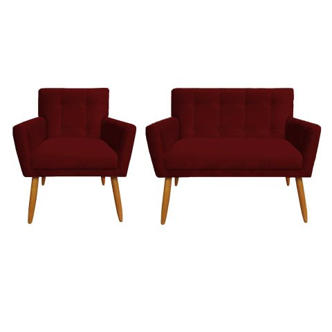 Kit Namoradeira + 1 Poltrona Decorativa Onix Suede Marsala Pés Madeira Ms Decor