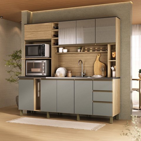 Cozinha Compacta 205cm MDF 1,5cm com Portas de Vidro Érica Bege/Amendoa/Acqua