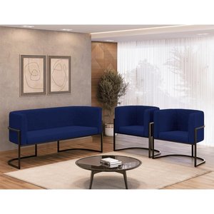 Kit 2 Cadeiras Poltronas + Sofá 2 Lugares Base de Metal Preto Azul Marinho