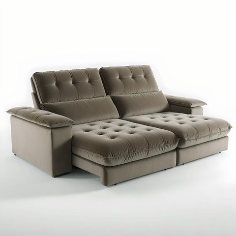 Sofá com Chaise Girona 5 Lugares Retrátil e Reclinável 290cm Bege Veludo