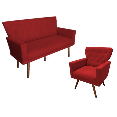 Kit Namoradeira + 1 Poltrona Decorativa Aurora Suede Vermelho Pés Madeira Mz Decor
