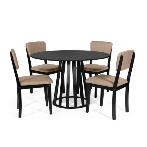 Mesa de Jantar Redonda Gabi Preta com 4 Cadeiras Estofadas Ella Preto/marrom Claro
