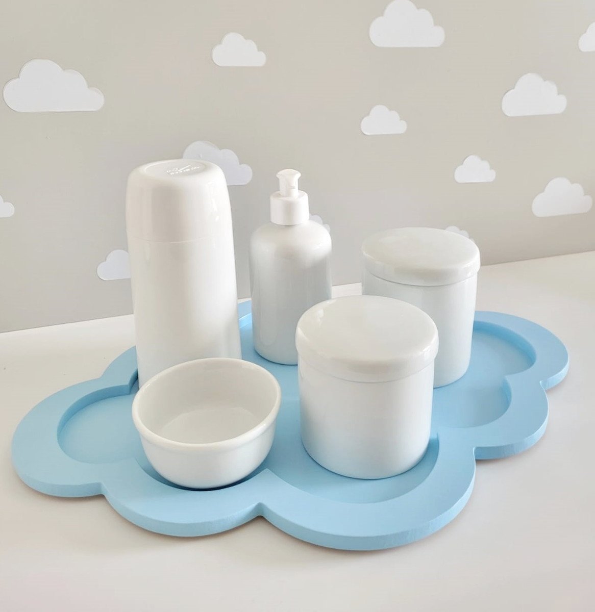 Kit Higiene Porcelana Bebê Nuvem - Bandeja Nuvem Azul