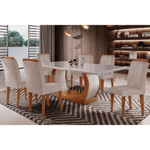 Conjunto: Mesa Sala Jantar Jade Tampo Madeirado C/ Vidro Curvo 180x90 e 6 Cadeiras Amsterdã Imbuia/