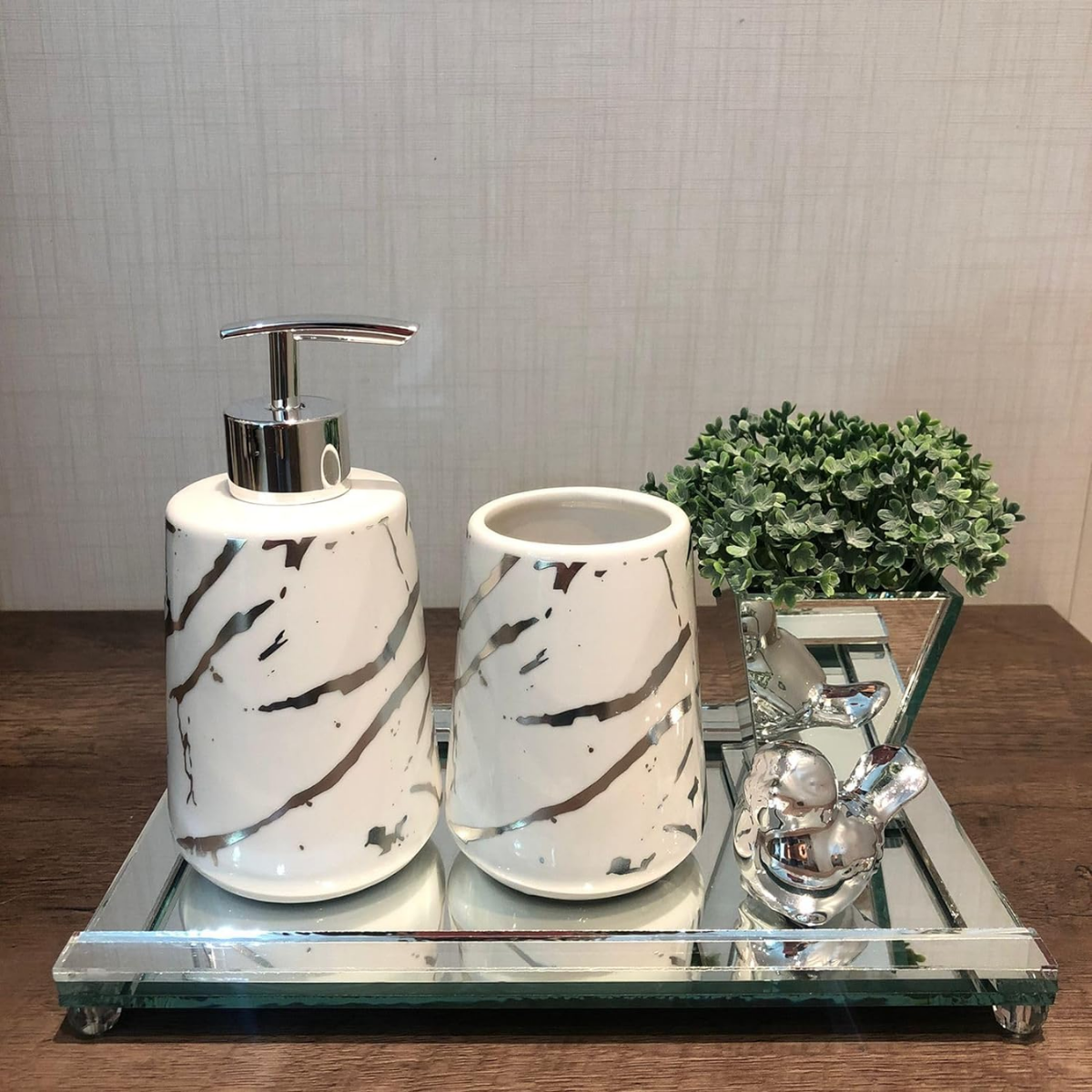 Kits Banheiro Lavabo de Porcelana Dispenser Sabonete Premium:prata - 8