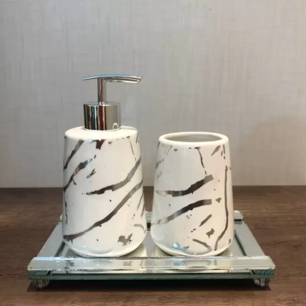 Kits Banheiro Lavabo de Porcelana Dispenser Sabonete Premium:prata - 5