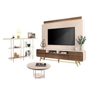 Estante Home Theater Nobre Off White Castanho e Aparador Infinity e Mesa de Centro Sky Off White– Hb