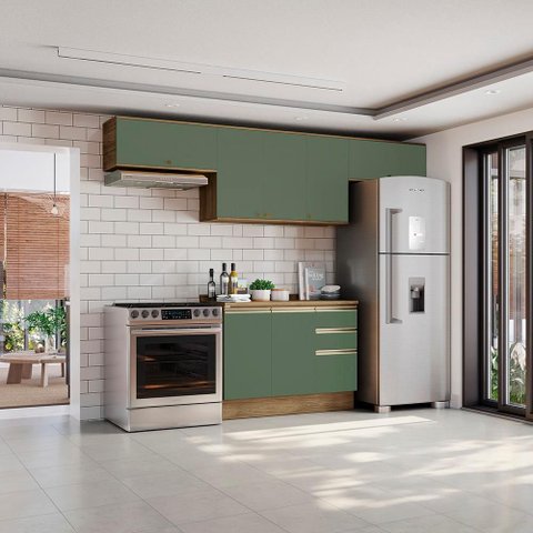 Armário de Cozinha Completa 100% Mdf 280cm Nogueira/verde Celeste Kappesberg