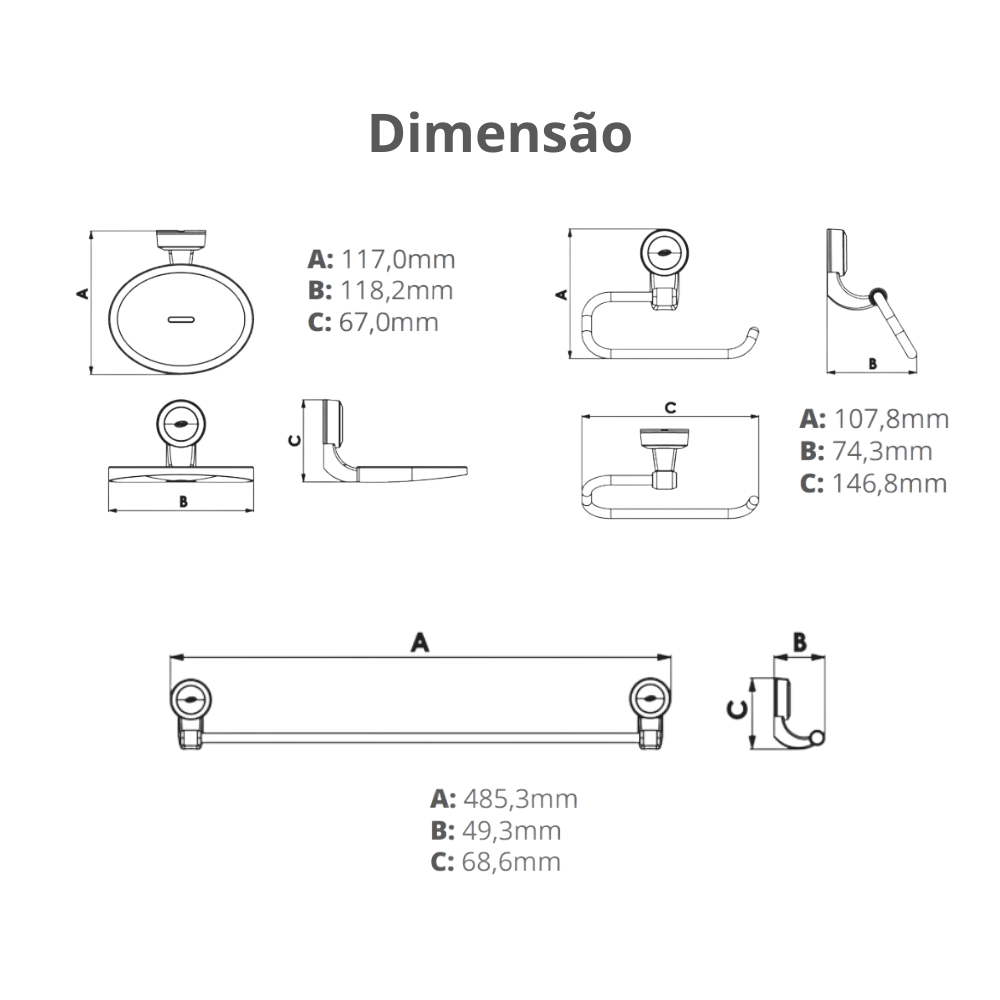 Kit Acessórios para Banheiro 7 Peças Linha Bello Cor Cinza e Cromado Durín - 3