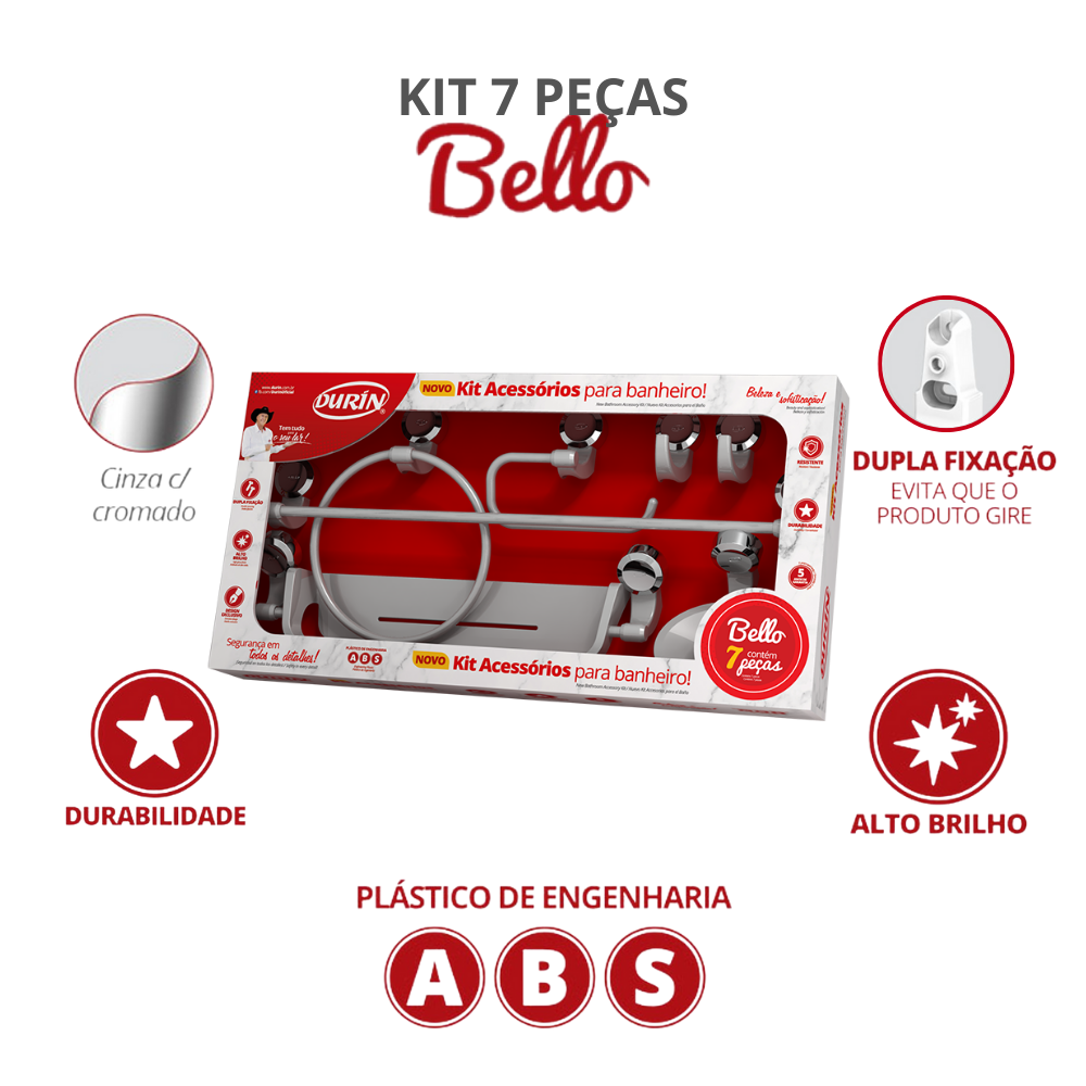 Kit Acessórios para Banheiro 7 Peças Linha Bello Cor Cinza e Cromado Durín - 1