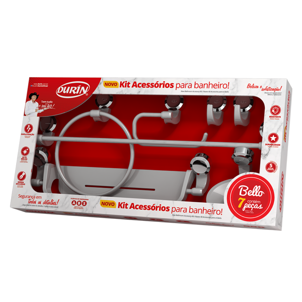 Kit Acessórios para Banheiro 7 Peças Linha Bello Cor Cinza e Cromado Durín - 2