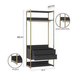 Closet Industrial Aberto Solteiro Cabideiro + 2 Gavetas - Preto - 4