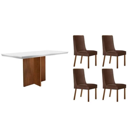 Sala de Jantar Completa Berlim C/ Tampo Madeirado C/ Vidro Canto Curvo 120x80cm e 4 Cadeiras Dakota