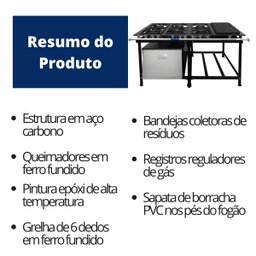 Fogão Industrial 6 Bocas 30x30 Baixa Pressão P7 com Forno e Chapa Jcn - 5
