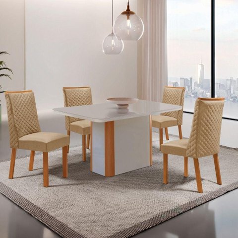 Conjunto de Jantar Isadora 4 Lugares com Cadeiras Yasmin Tampo MDF Serigrafado Off White 120cm