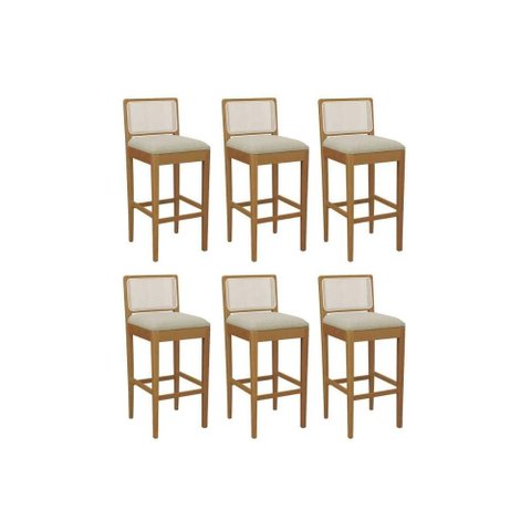Banqueta Cozinha Sara 1bmm005ca Premium Madeira Maciça Kit 6 Un Carvalho/boucle Bege/tela Bege -