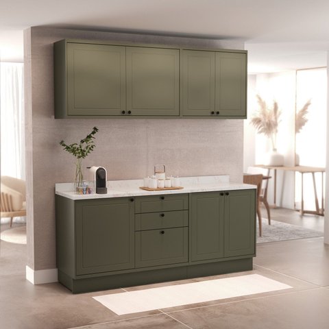 Cozinha Compacta Modulada 7 Portas 3 Gavetas 100% MDF sem Tampo Sevilha Verde/Hill